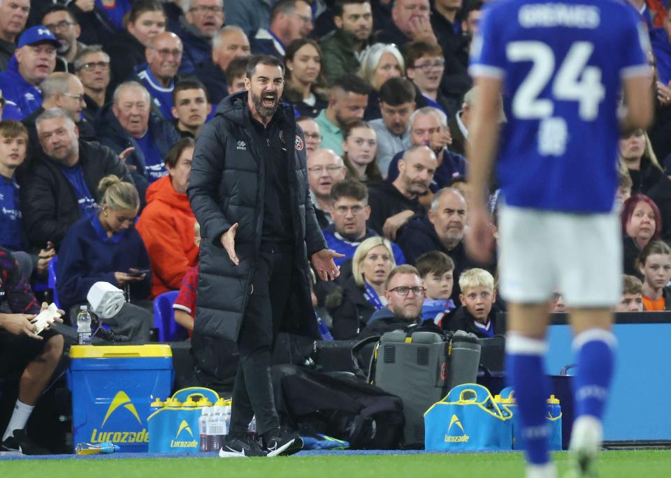 Ruben Selles, manager of Sheffield United, rages from the sidelines during the Ipswich Town vs Sheffield United Sky Bet Championship match.