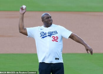 Magic Johnson threw the ceremonial first pitch before the Blue Jays-Dodgers' Game 5
