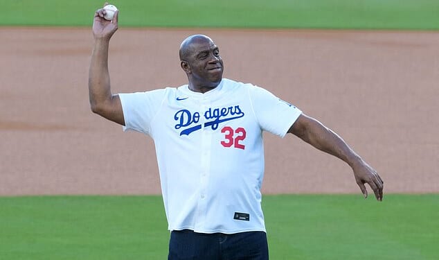Magic Johnson threw the ceremonial first pitch before the Blue Jays-Dodgers' Game 5