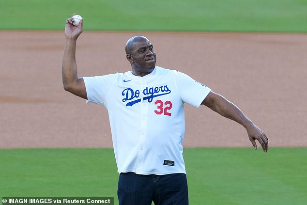 Magic Johnson threw the ceremonial first pitch before the Blue Jays-Dodgers' Game 5
