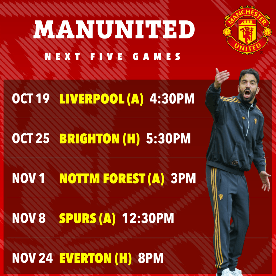 Illustration of Manchester United's next five games schedule with a player gesturing.