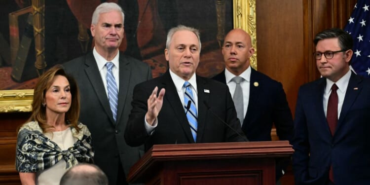 House Majority Leader Steve Scalise speaks during a press conference with Speaker of the House Mike Johnson and members of House Republican leadership at the U.S. Capitol in Washington, D.C., on Oct. 29, 2025.