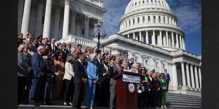 House Minority Leader Hakeem Jeffries, a New York Democrat, gives remarks at a news conference on the government shutdown outside the U.S. Capitol in Washington, D.C.