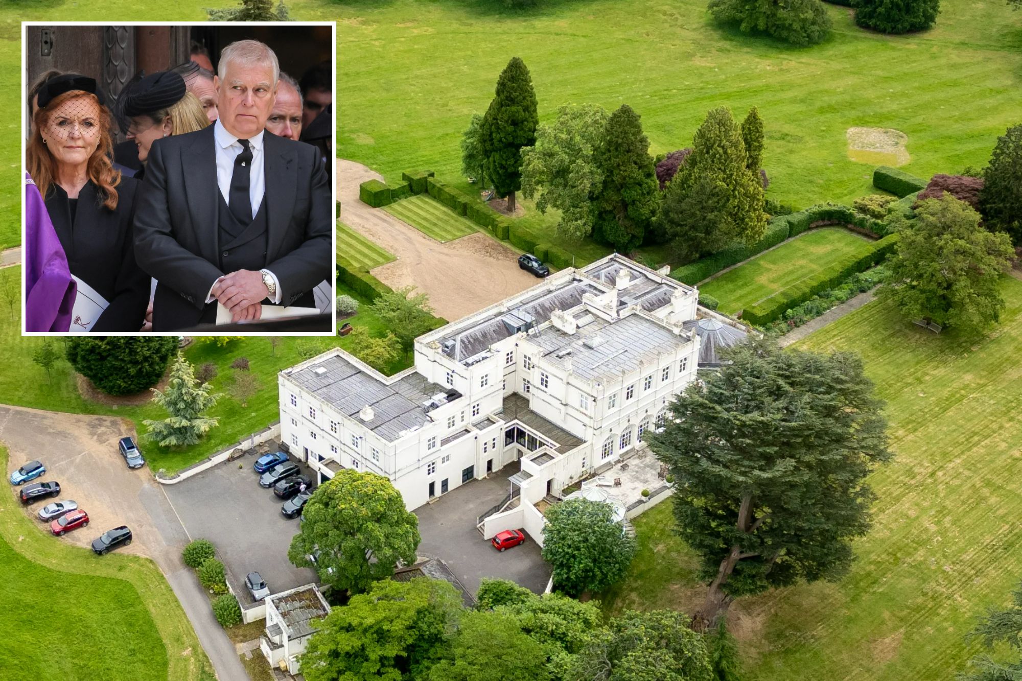 An image collage containing 2 images, Image 1 shows Royal Lodge in Windsor Great Park, Image 2 shows Duchess of York and Prince Andrew exiting Westminster Cathedral after a requiem mass