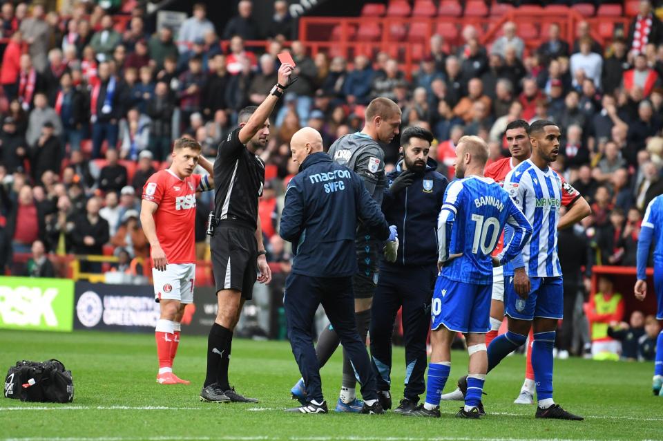 London, England. 18th Oct 2025. Ethan Horvath is sent off during the Sky Bet EFL Championship fixture between Charlton Athletic and Sheffield Wednesday at The Valley, London. Kyle Andrews/Alamy Live News