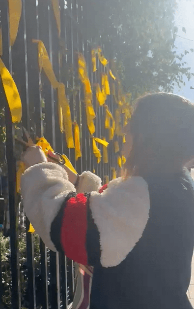A person tying a yellow ribbon to a black metal fence with many other yellow ribbons.