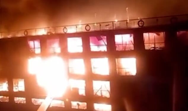 Terrifying footage captured the Iberotel Crown Empress engulfed in an orange blaze with flames exploding from the windows as the vessel sailed between Luxor and Edfu, Egypt