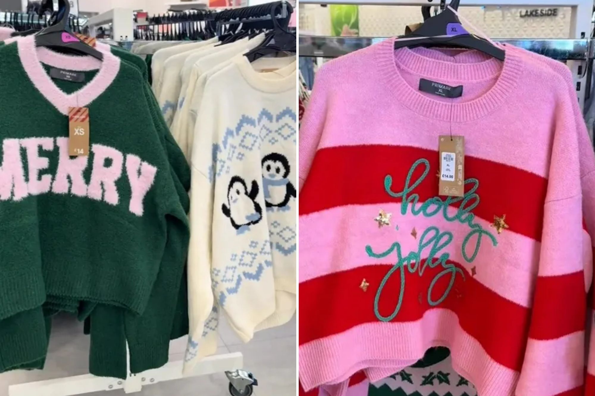 An image collage containing 2 images, Image 1 shows Christmas jumpers on a clothing rack at Primark, one green with "MERRY" in pink, and another white with blue and black penguins, Image 2 shows A pink and red striped Christmas jumper with "holly jolly" written on it