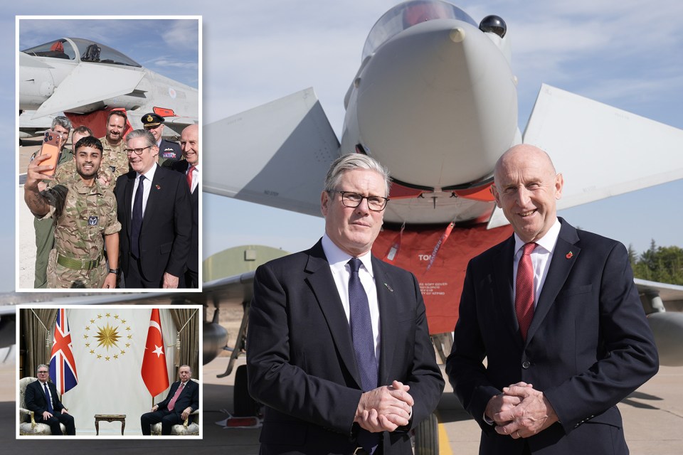 Collage of Keir Starmer at an RAF base with a fighter jet, taking a selfie with military personnel, and meeting with Turkey’s President Erdoğan.