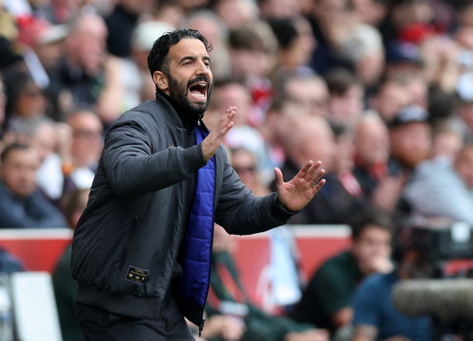 Manchester United manager Ruben Amorim reacting during a soccer match.