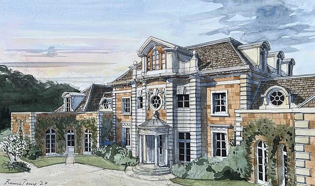An artist impression of Ronald Burkle's proposed mansion, which has been refused after objections by furious locals, is pictured