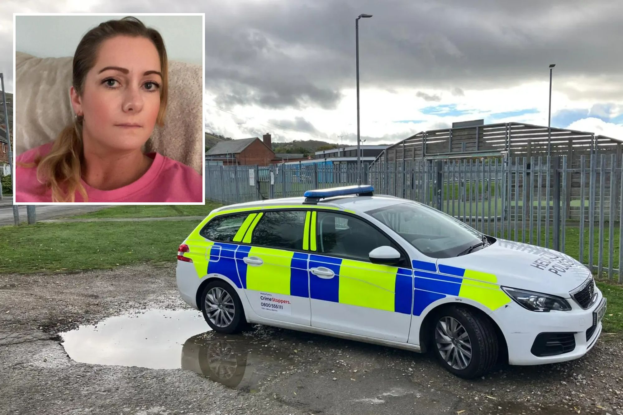 An image collage containing 2 images, Image 1 shows Police car at the scene where a body was found in the Dawson Drive area of Prestatyn, Image 2 shows Angela Shellis