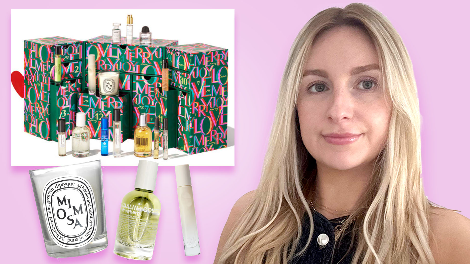 Collage of a woman, a green advent calendar, a Diptyque candle, a Malin+Goetz oil, and a white perfume bottle.