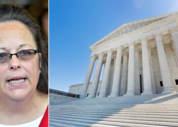 Kim Davis, seen in a file photo from September 2015, makes a statement to the media at the front door of the Rowan County Judicial Center in Morehead, Kentucky. The former Kentucky county clerk who refused to issue marriage licenses to same-sex couples is appealing a ruling ordering her to pay thousands in attorney fees and is asking for the overturning of the Obergefell case that made sames-sex marriage the law of the land.