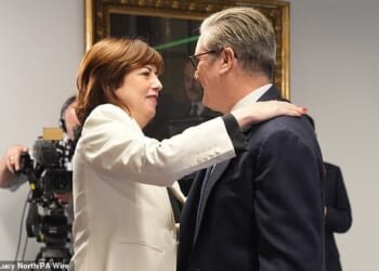 Lucy Powell (left) hugs Keir Starmer (right) after she is made the Deputy Leader of the Labour Party
