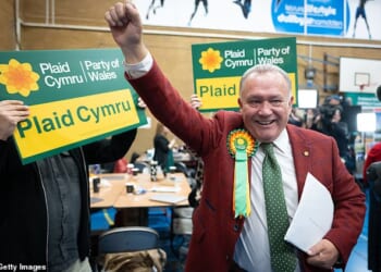 Plaid Cymru's Lindsay Whittle celebrated coming out on top in the Caerphilly by-election