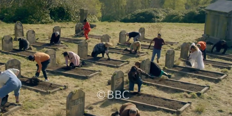 Celebrities digging their own graves in a cemetery.