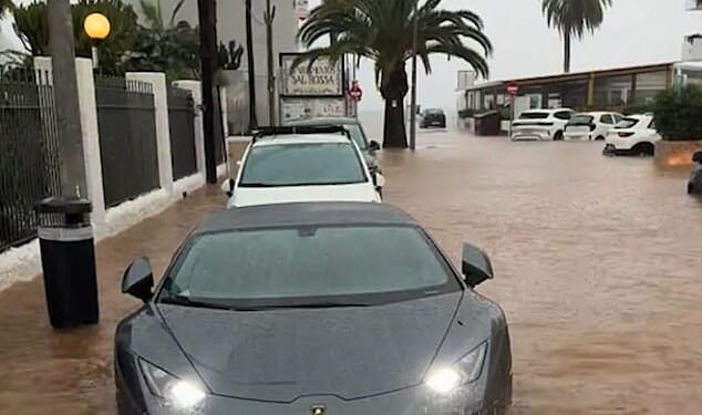 A luxury Lamborghini supercar found itself submerged as Storm Alice ravaged Ibiza