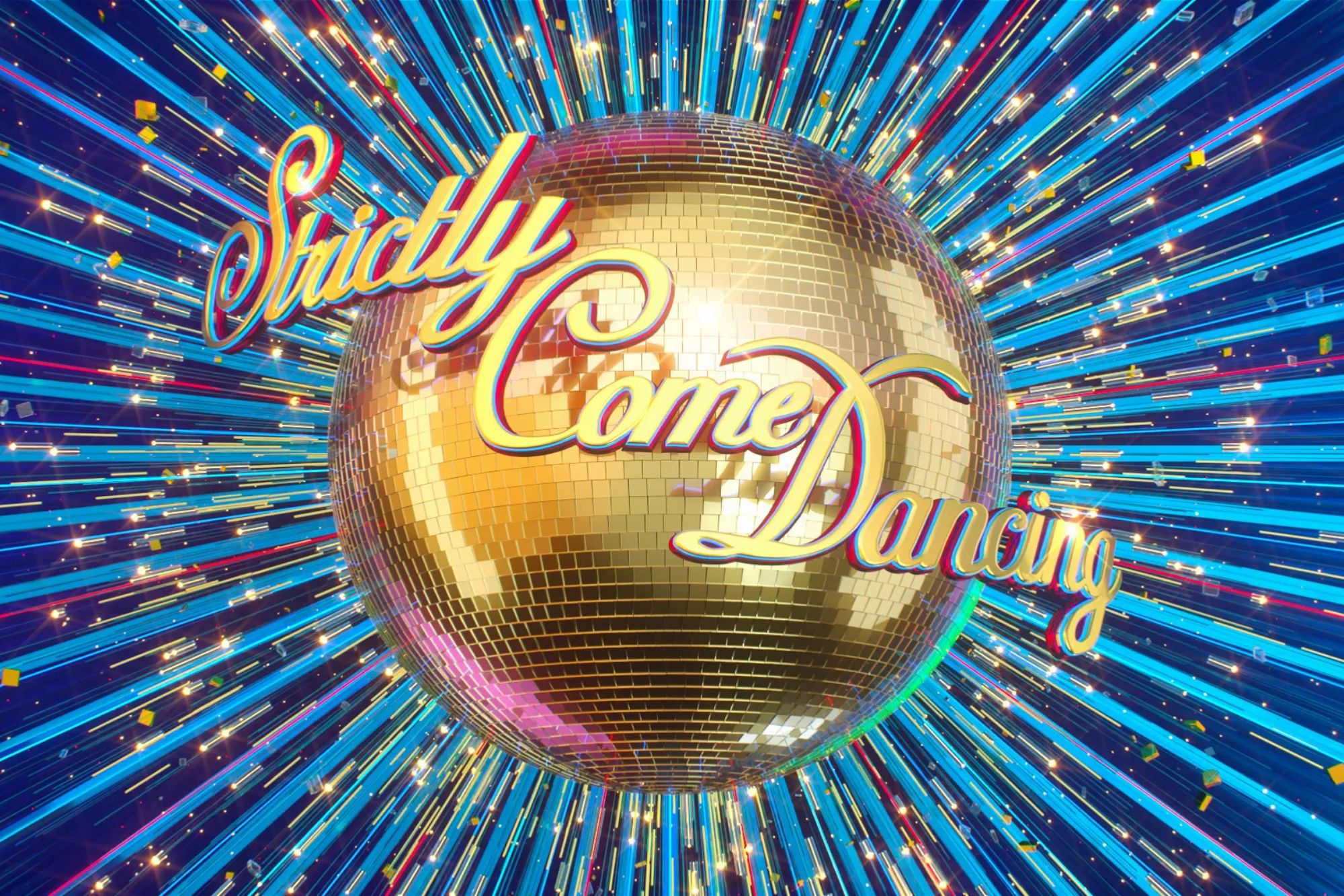 An image collage containing 1 images, Image 1 shows Strictly Come Dancing logo with a golden disco ball in the center and blue and red light beams radiating outwards