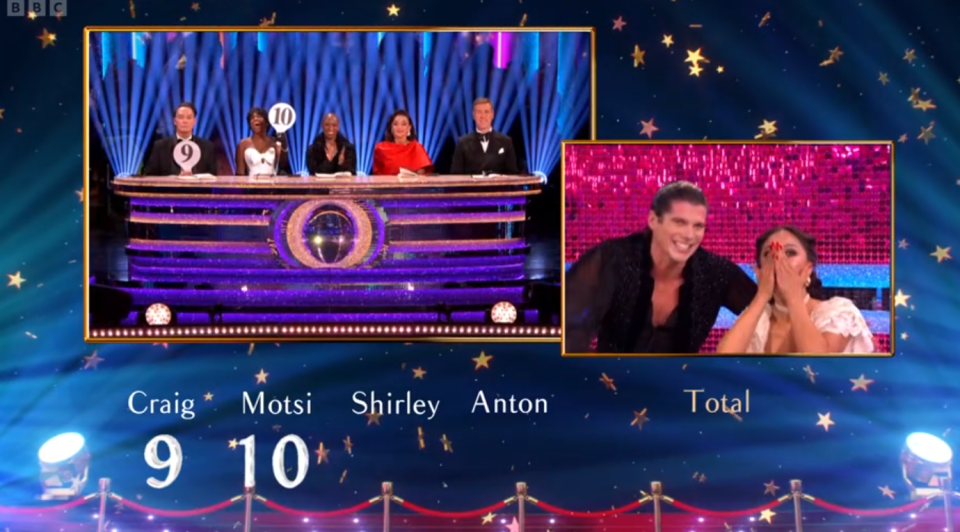 A collage showing four judges at a desk holding up scores, and a dancer and partner reacting to the scores. Scores for Craig and Motsi are shown below as 9 and 10.