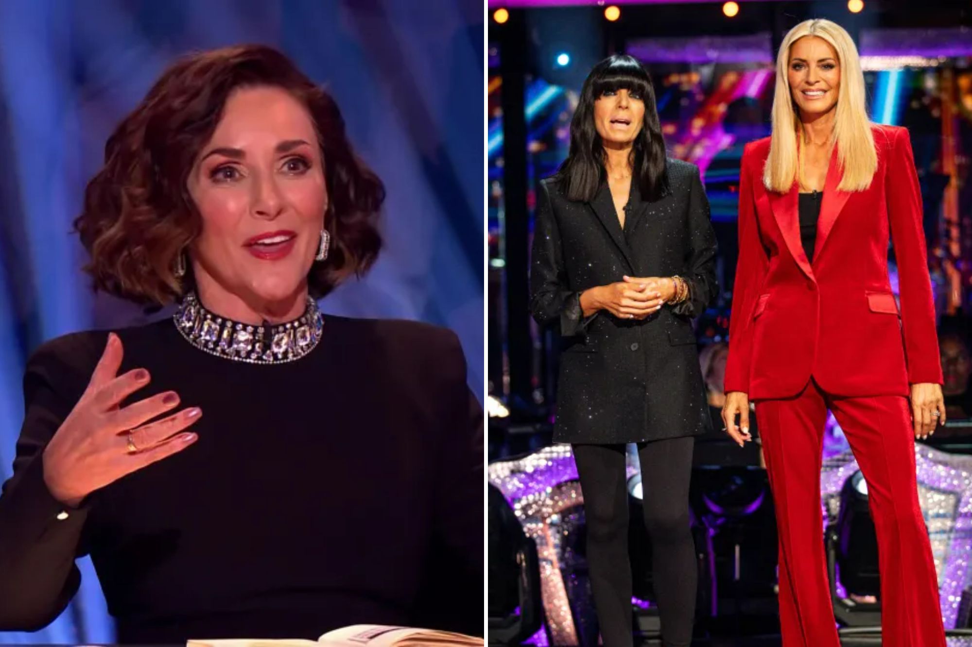 An image collage containing 2 images, Image 1 shows Shirley Ballas speaking on Strictly Come Dancing, Image 2 shows Claudia Winkleman and Tess Daly during their appearance on Strictly Come Dancing