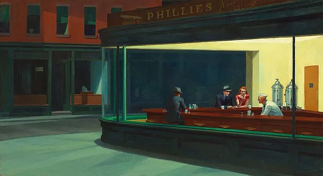 Nighthawks was painted by American realism painter Edward Hopper in 1942 and depicts four figures inside a late night diner