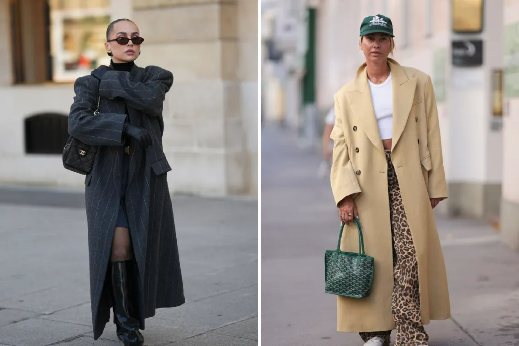 An image collage containing 2 images, Image 1 shows Anna Wein wearing a grey pinstripe long coat by Bazhane, a black turtleneck from H&M, a navy pinstripe mini skirt from H&M, a black belt by Yves Saint Laurent, and knee-high black leather boots from H&M, accessorized with a black Chanel handbag with gold chain detail, black leather gloves, gold hoop earrings from H&M, and dark rectangular sunglasses from Corlin Eyewear, Image 2 shows Karin Teigl wearing an Aimee Leon Dore green logo embroidered cap, white cropped shirt, Van Cleef & Arpels necklace, Bershka leopard print pants, H&M Studio beige oversized coat, Goyard mini shopper bag, Oura gold smart ring, and Adidas Gazelle platform sneakers