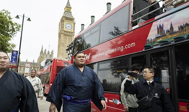 Sumo wrestling giants stun London: Fans are warned about being SQUASHED at Royal Albert Hall and toilets are reinforced for Japan's 25 stone fighters who've been out for McDonald's and shopping at TK Maxx