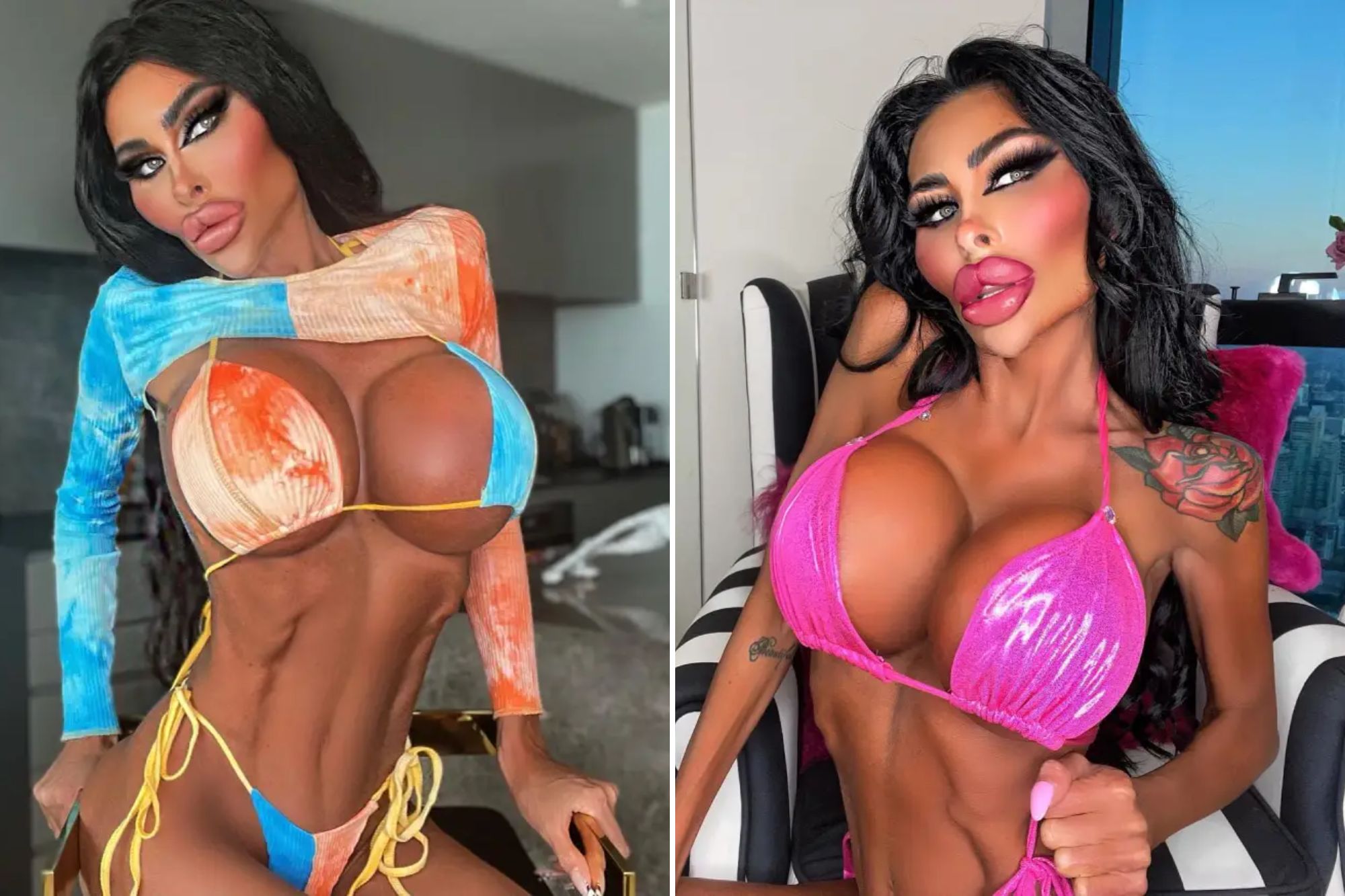 An image collage containing 2 images, Image 1 shows Tara Jayne in a colorful bikini and crop top, Image 2 shows Tara Jayne in a pink sparkly bikini top