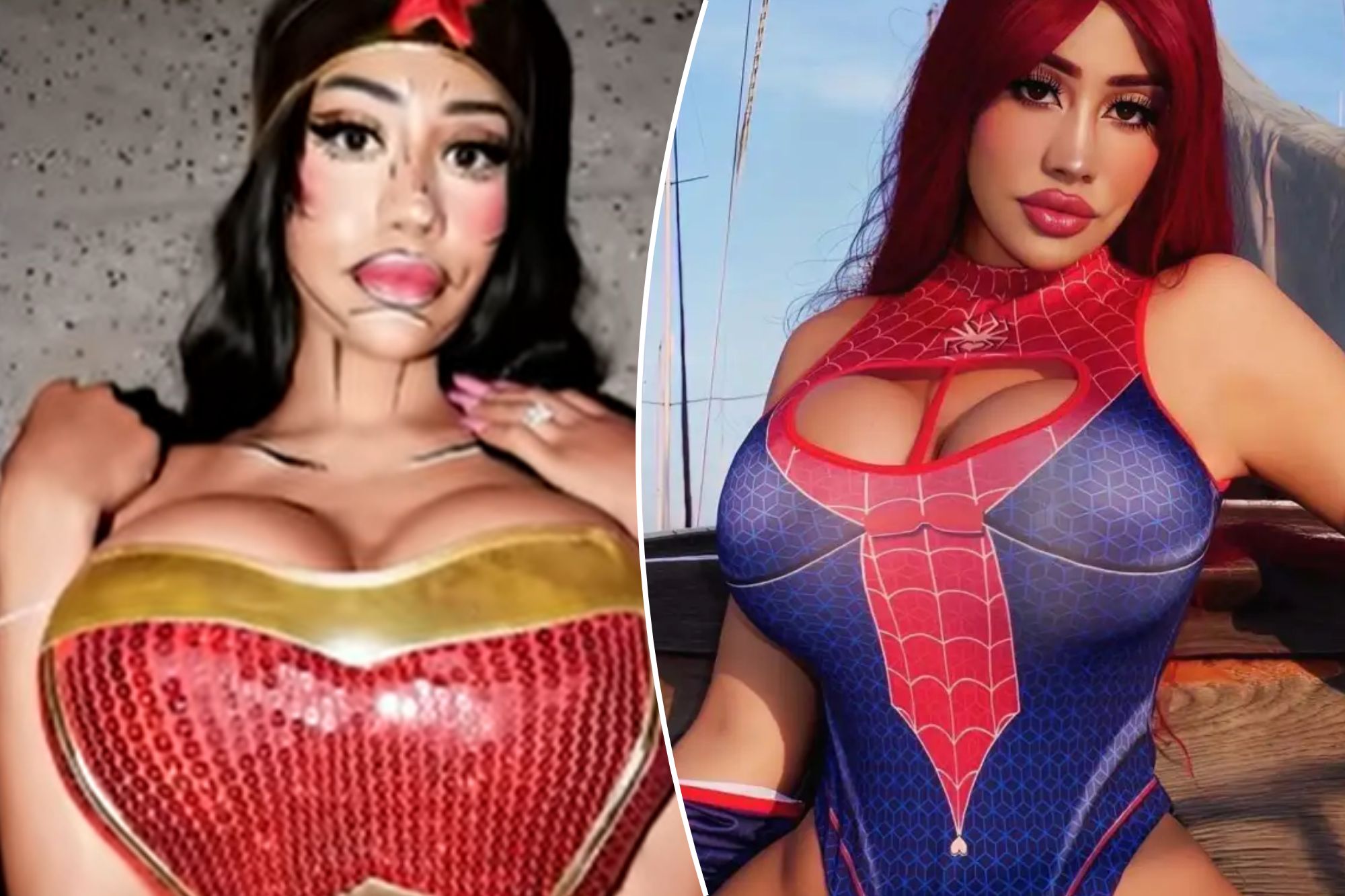 An image collage containing 2 images, Image 1 shows Woman in a Wonder Woman costume with heavily contoured makeup to create a cartoonish appearance, Image 2 shows A woman with red hair, in a Spider-Man themed swimsuit, poses outdoors with sailboats in the background