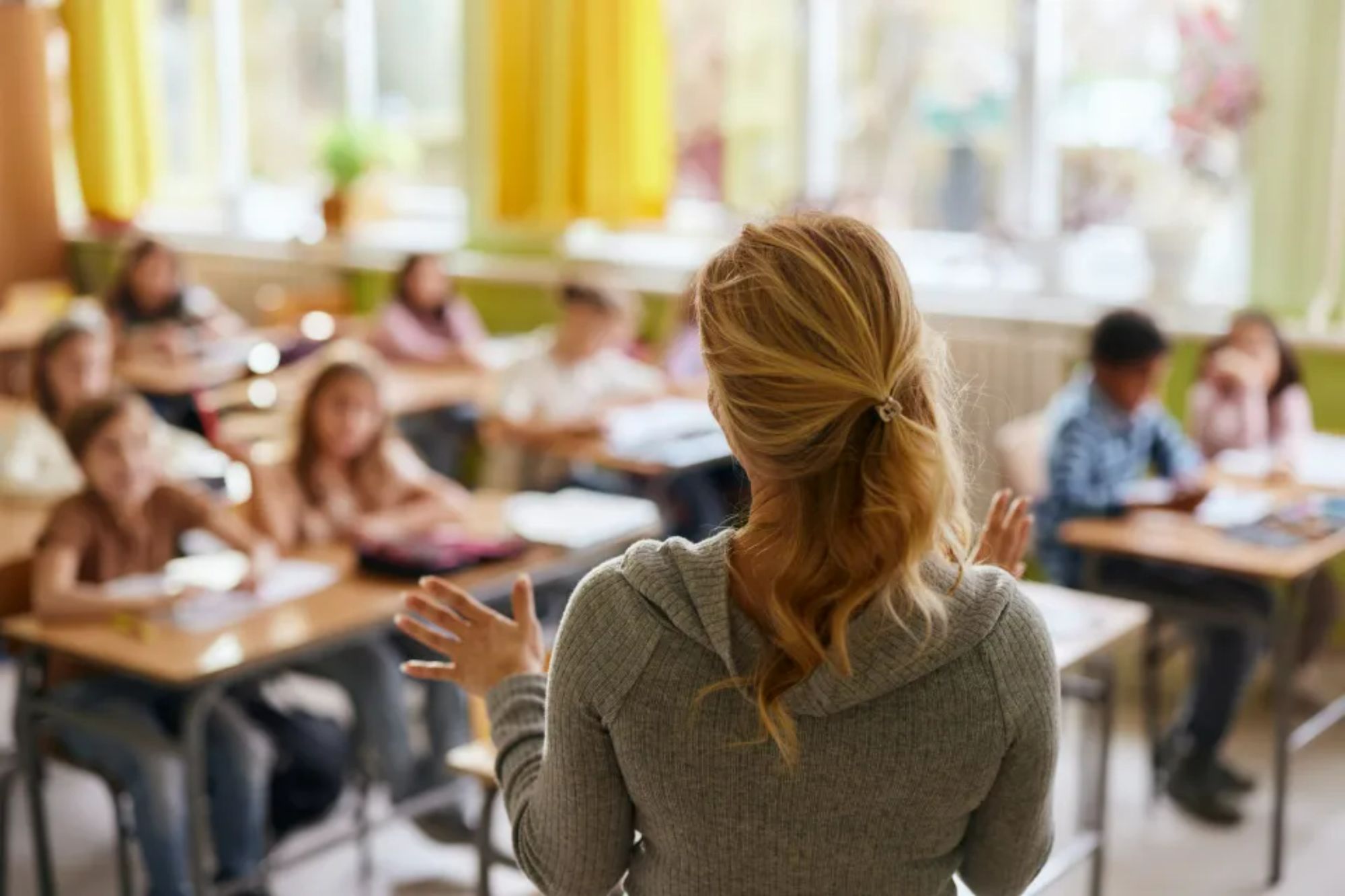 An image collage containing 1 images, Image 1 shows Rear view of a female teacher teaching her students during a class at elementary school