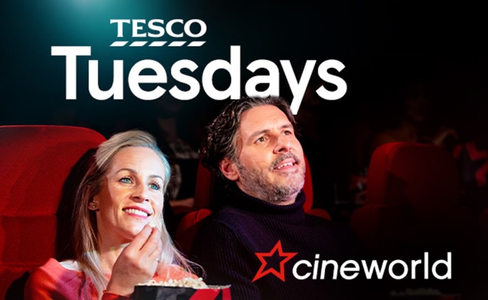 A couple watching a film in a cinema, with "TESCO Tuesdays" and "cineworld" logos.
