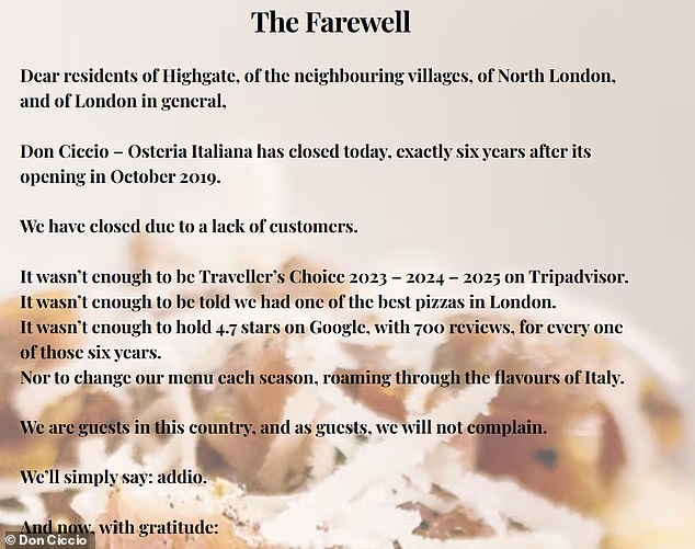 A statement shared on the restaurant's website made for a furious takedown of the local community