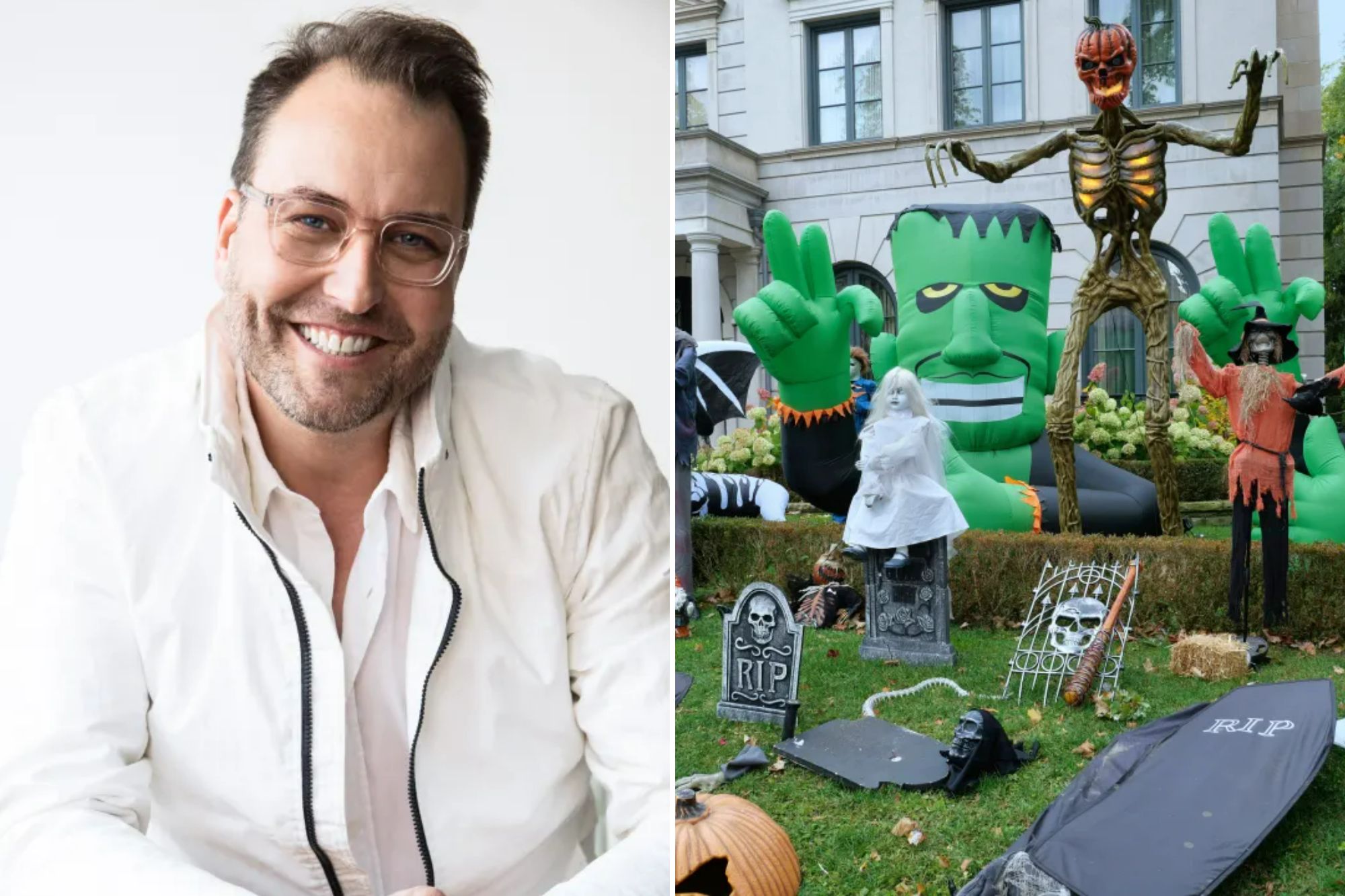 An image collage containing 2 images, Image 1 shows Edward Perotti smiling, Image 2 shows House front lawn full of Halloween decorations including large inflatable Frankensteins, pumpkins, skeletons, gravestones, and a zombie