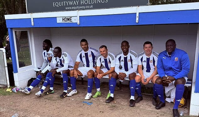 A picture of the Wythenshawe FC Vets bench showed Emile Heskey (far right), Maynor Figueroa (second from right), Papiss Cisse (second from left) and Oumar Niasse (far left)
