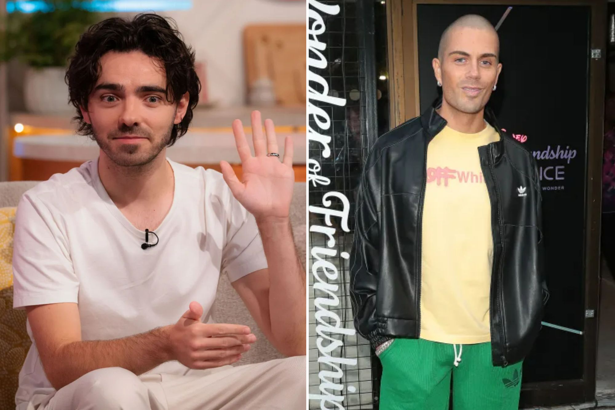 An image collage containing 2 images, Image 1 shows Nathan Sykes on the "Lorraine" TV show, with one hand raised and a microphone clipped to his shirt, Image 2 shows Max George smiling while attending the "Wonder of Friendship: The Experience" VIP launch