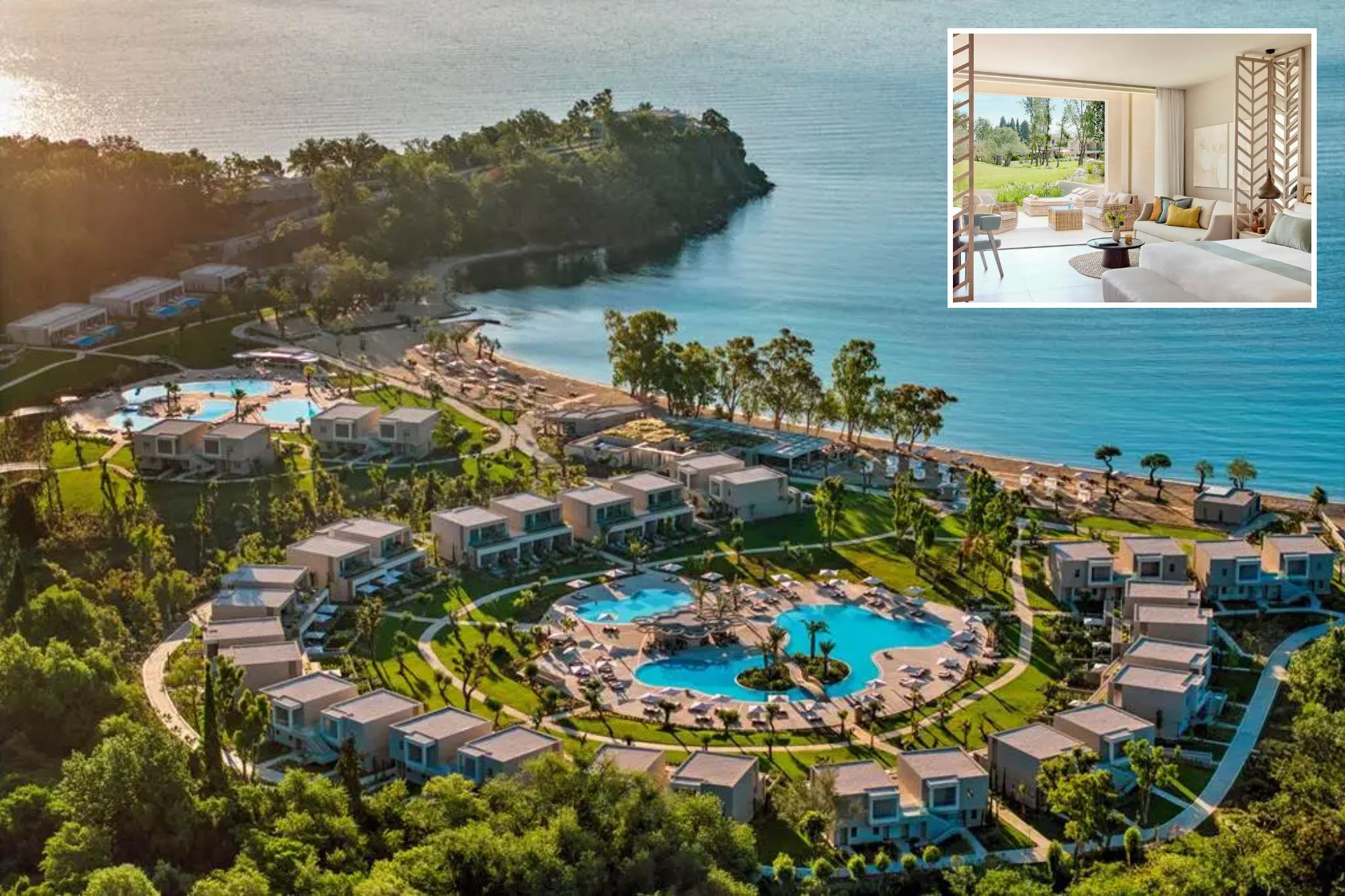 An image collage containing 2 images, Image 1 shows Aerial view of Ikos Odisia Hotel in Corfu, Greece, with villas, swimming pools, beachfront, and a sailboat in the sea, Image 2 shows Hotel room with a large glass door opening to a patio with outdoor seating and a lawn