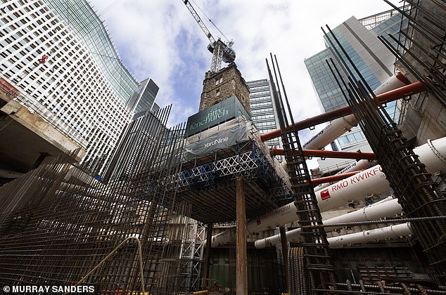 The church is supported ¿ in its original position ¿ by 26 underpins, perched on a huge slab of concrete (six metres across, two deep and weighing 100 tonnes) and held up by four gigantic steel stilts, which travel another 15 metres below ground