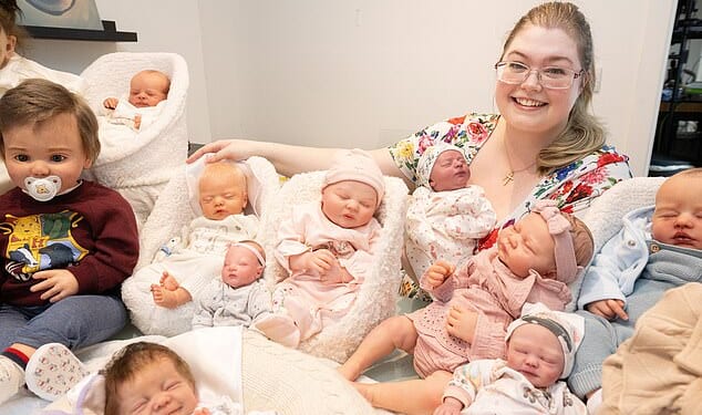 Jess Ellis, 29, from Newham, London, says she practises parenting with her 15-strong collection of reborn dolls; she first became interested in the lifelike hand-painted dolls in 2020 after a battle with Polycystic Ovary Syndrome (PCOS)