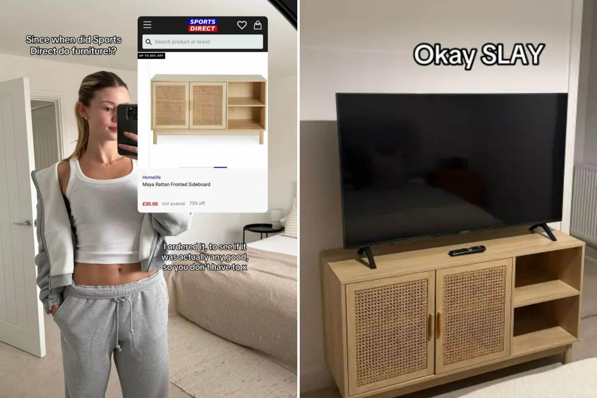 An image collage containing 2 images, Image 1 shows A woman holding a phone showing a Sports Direct product page for a Homelife Maya Rattan Fronted Sideboard, Image 2 shows A flat-screen TV on a light wood media console with woven cane cabinet doors and open shelves