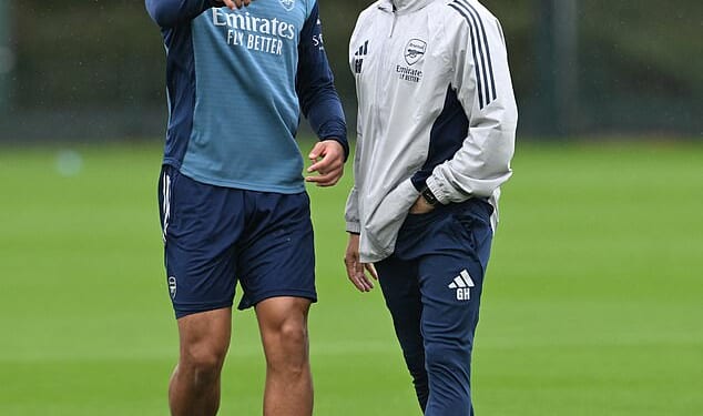 Gabriel Heinze and William Saliba (left) talk defensive tactics in an Arsenal training session