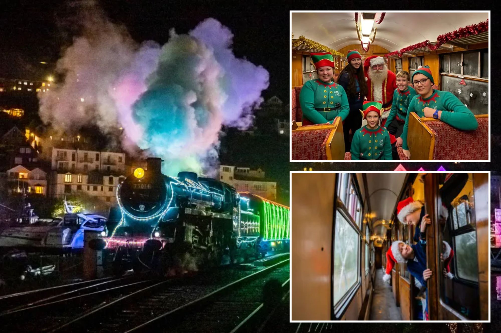 An image collage containing 3 images, Image 1 shows The Christmas Train of Lights, a steam locomotive and its carriages, decorated with multi-colored lights, pulls out of Kingswear Station at night, Image 2 shows Santa and five elves on a Christmas train, Image 3 shows Two children wearing Santa hats lean out of a train window