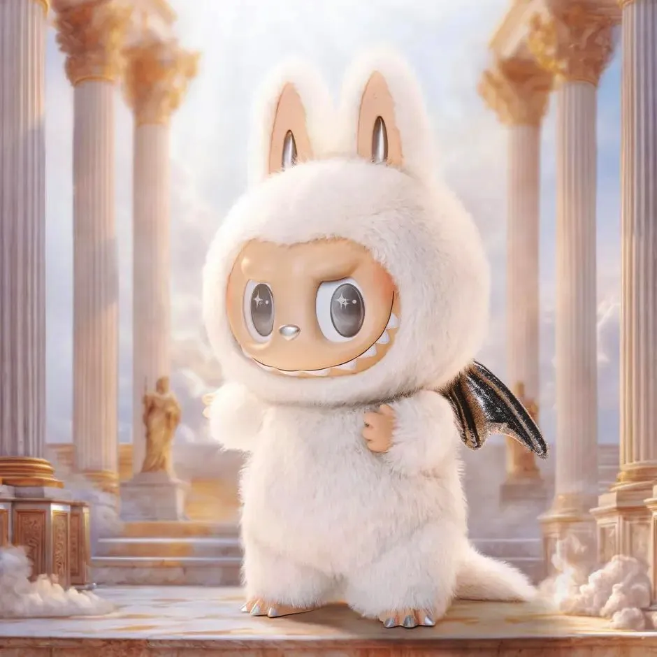 Illustration of a fluffy white Labubu doll with a shiny face and large, sparkly eyes, wearing a rabbit-eared hood and small black bat wings, standing on an ancient-looking stone structure with pillars and clouds in the background.