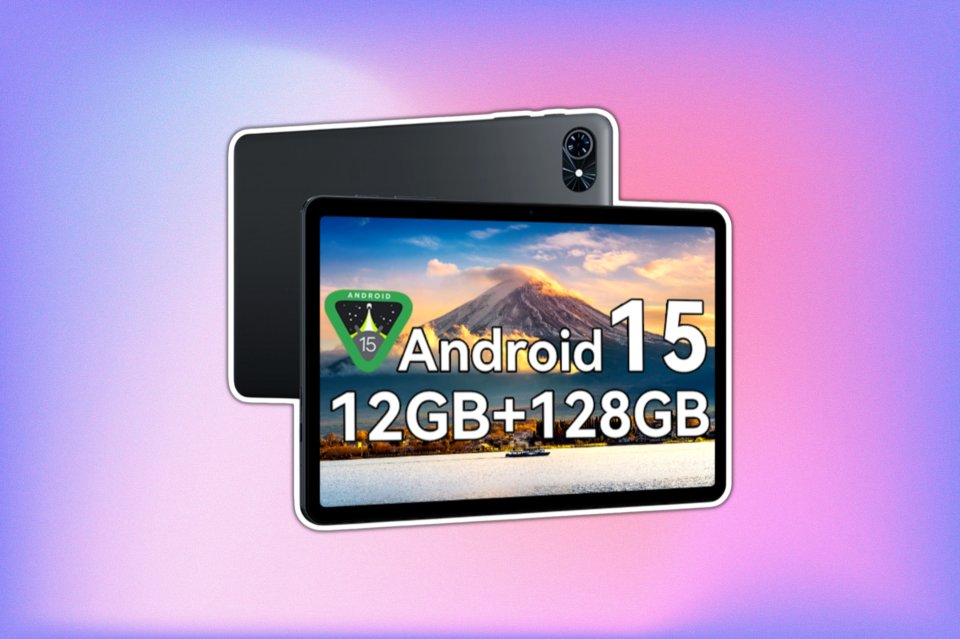 Illustration of a tablet with "Android 15 12GB + 128GB" on the screen, shown against a pastel pink and purple gradient background.