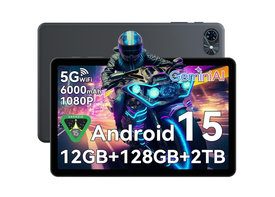 A tablet with Android 15, Gemini AI, 5G WiFi, 6000mAh battery, 1080P resolution, 12GB RAM, 128GB ROM, and 2TB storage.