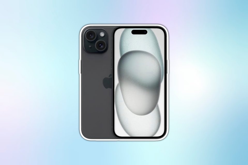 Dark grey smartphone shown from the back and front, with its screen displaying abstract light grey shapes.