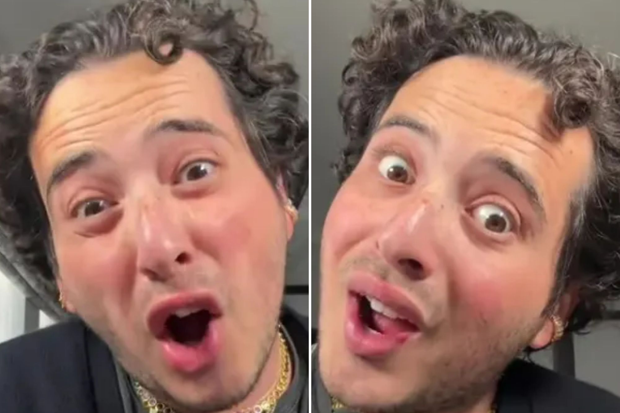 An image collage containing 2 images, Image 1 shows A man with curly hair and gold chains looking surprised, with an image of black Prada loafers superimposed in front of him, Image 2 shows A man holds up an image of a black faux leather blazer