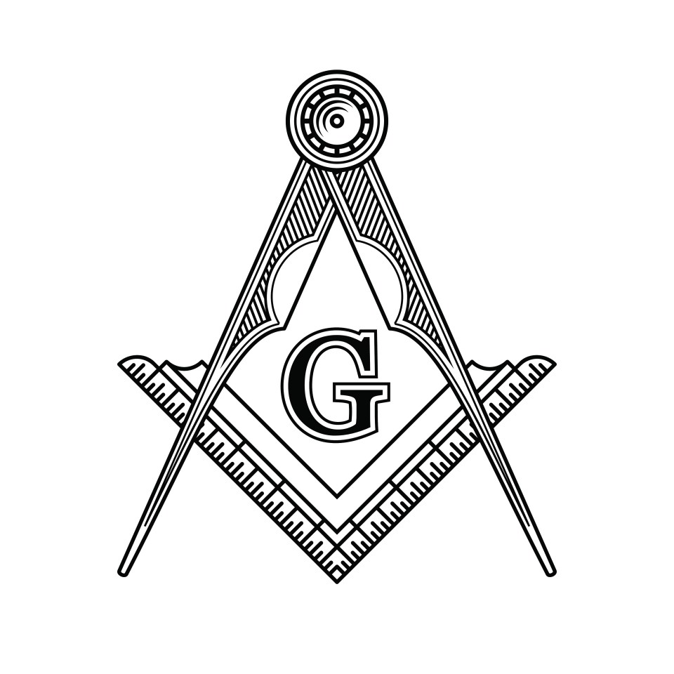 Illustration of the Masonic Freemasonry emblem, with a compass and square enclosing the letter G.