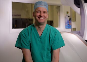 Newcastle have used the procedure to widen the artery in the leg of a man with peripheral artery disease, by putting in a balloon and then kept it open with a small tube, known as a stent. Pictured, James McCaslin, the consultant vascular surgeon who carried out the procedure