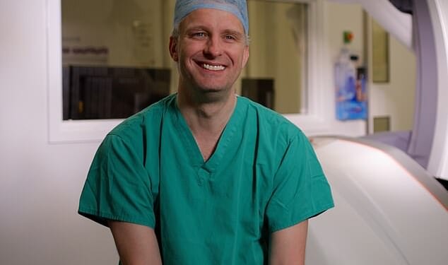 Newcastle have used the procedure to widen the artery in the leg of a man with peripheral artery disease, by putting in a balloon and then kept it open with a small tube, known as a stent. Pictured, James McCaslin, the consultant vascular surgeon who carried out the procedure